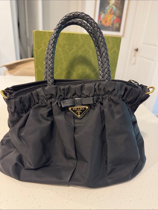 Prada Handbags - Prada Black Nylon Braided-Handle Shoulder Bag with Gold Hardware comes with COA